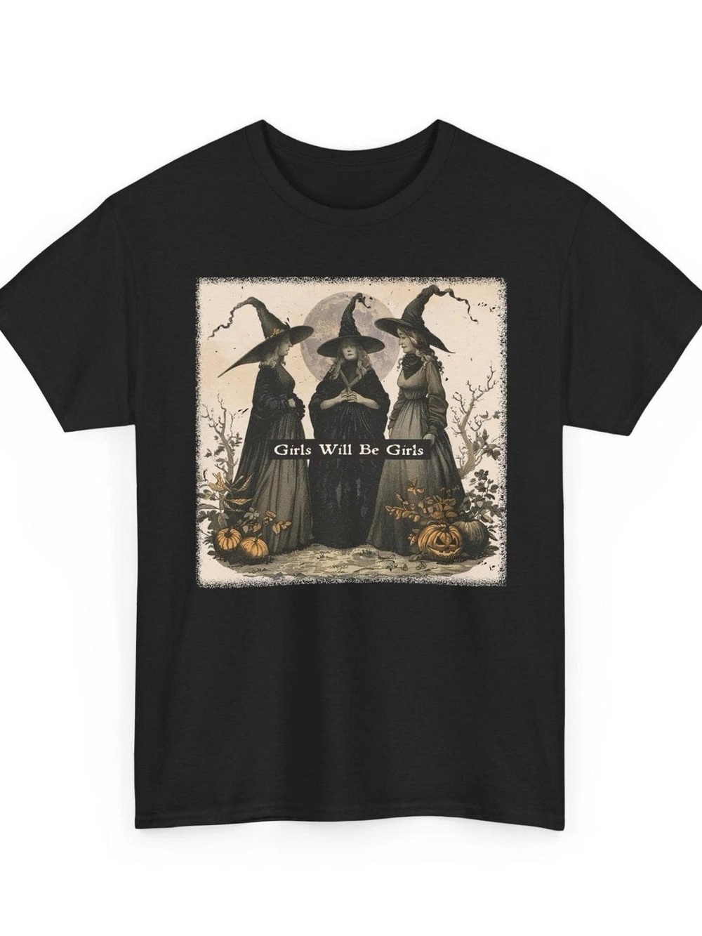 Girls Will Be Girls Black Halloween Witch Graphic Tee for Kids